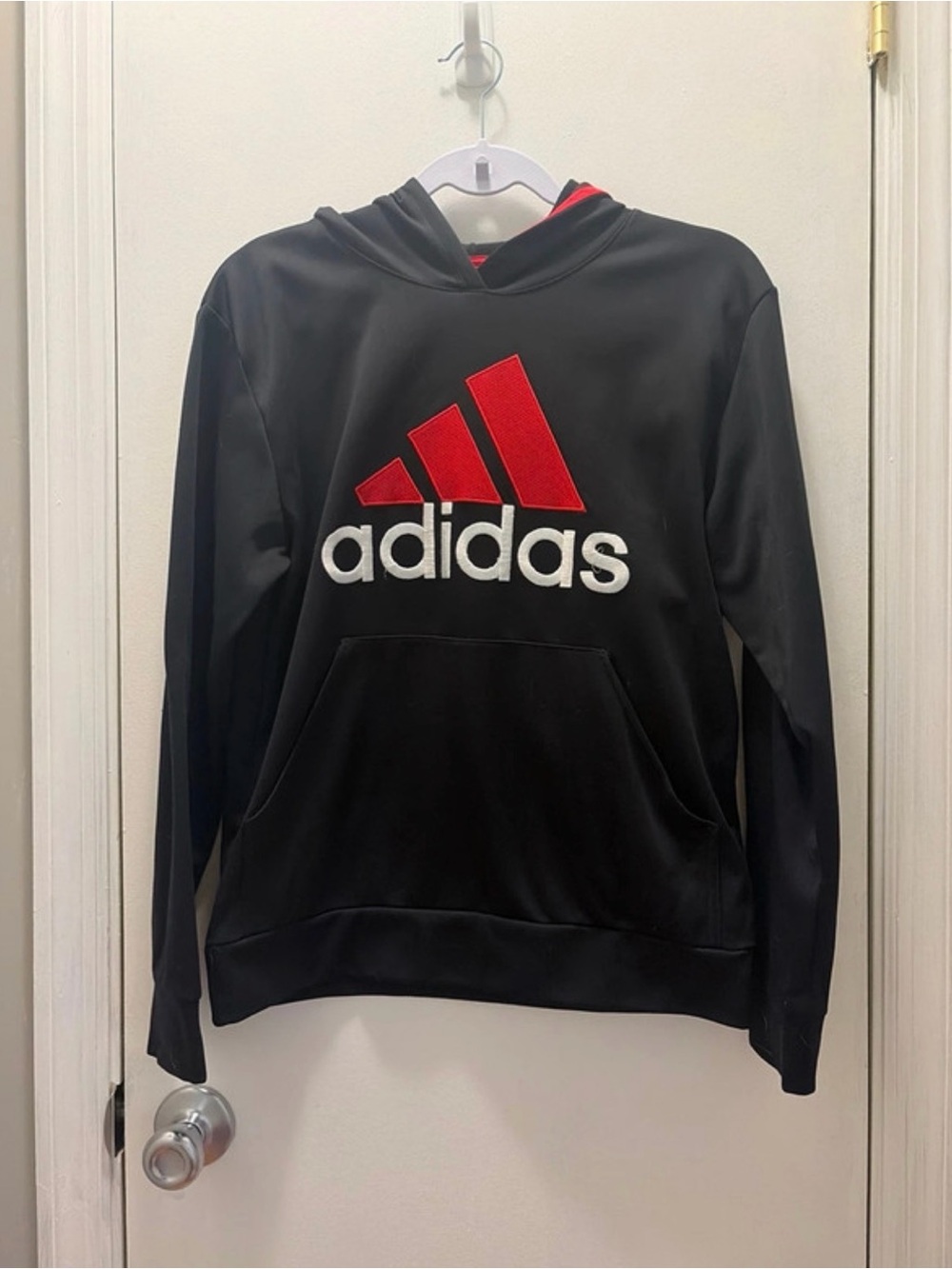 Adidas Kids Black Pullover Hoodie with Red Logo